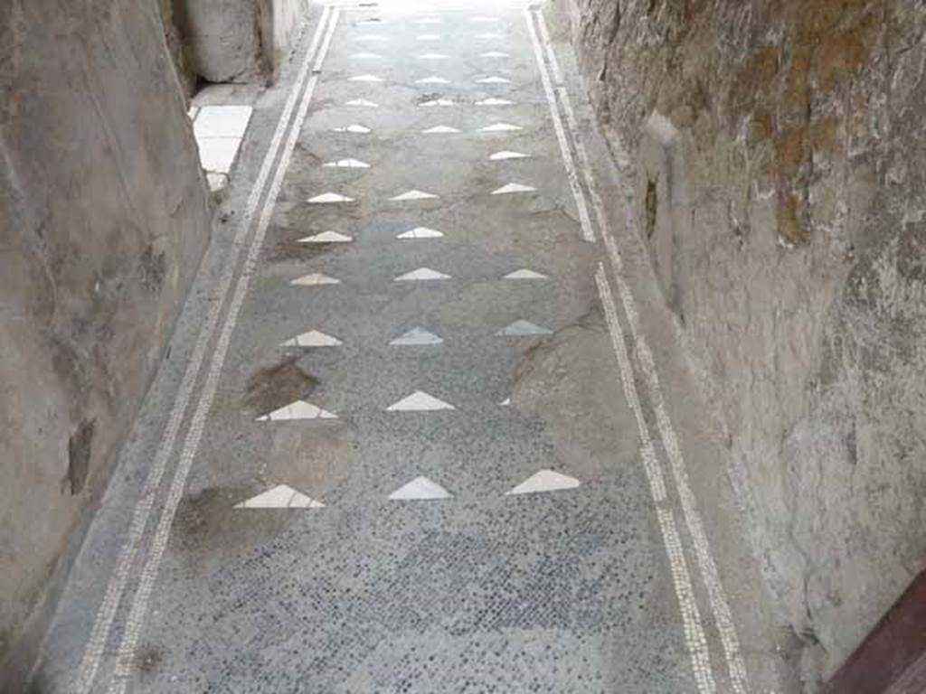 III.3 Herculaneum. May 2010. Black mosaic floor of entrance corridor, with triangular pieces of inset marble.